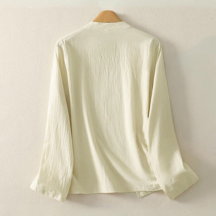 Camicia da donna in cotone a maniche lunghe con bottoni a rana sul davanti asimmetrici Buddha Stones - image 7