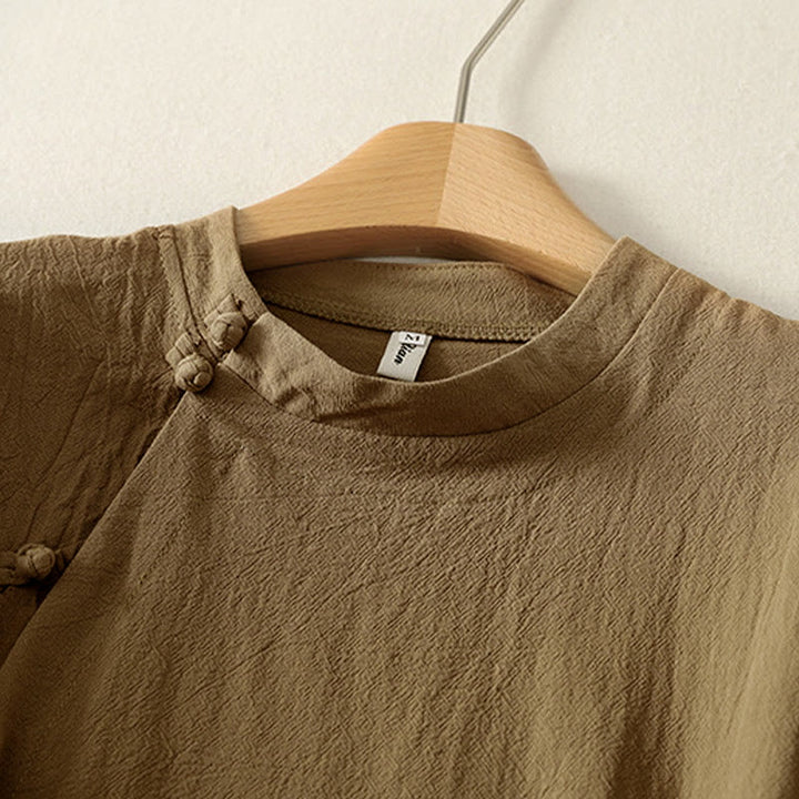 Camicia da donna in cotone a maniche lunghe con bottoni a rana sul davanti asimmetrici Buddha Stones - image 2