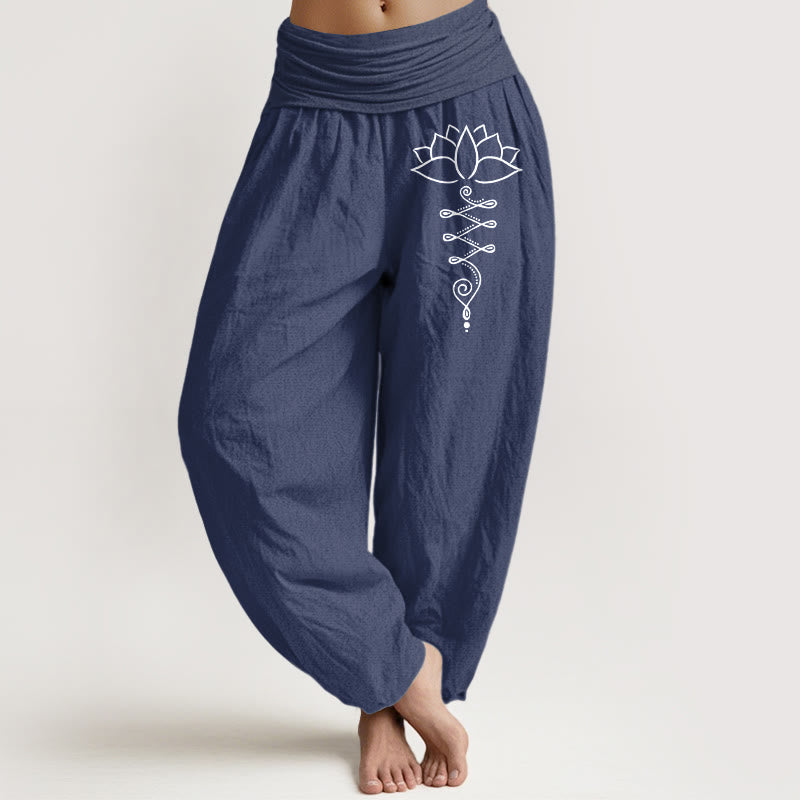 Pantaloni harem in cotone con elastico in vita e motivo a fiori di loto Buddha Stones e simbolo di Unalome - DarkSlateBlue - US16, UK/AU20, EU48 (3XL) - image 14