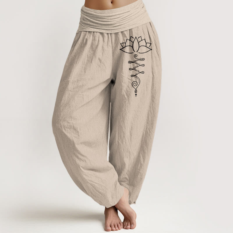 Pantaloni harem in cotone con elastico in vita e motivo a fiori di loto Buddha Stones e simbolo di Unalome - Abbronzatura - US16, UK/AU20, EU48 (3XL) - image 5