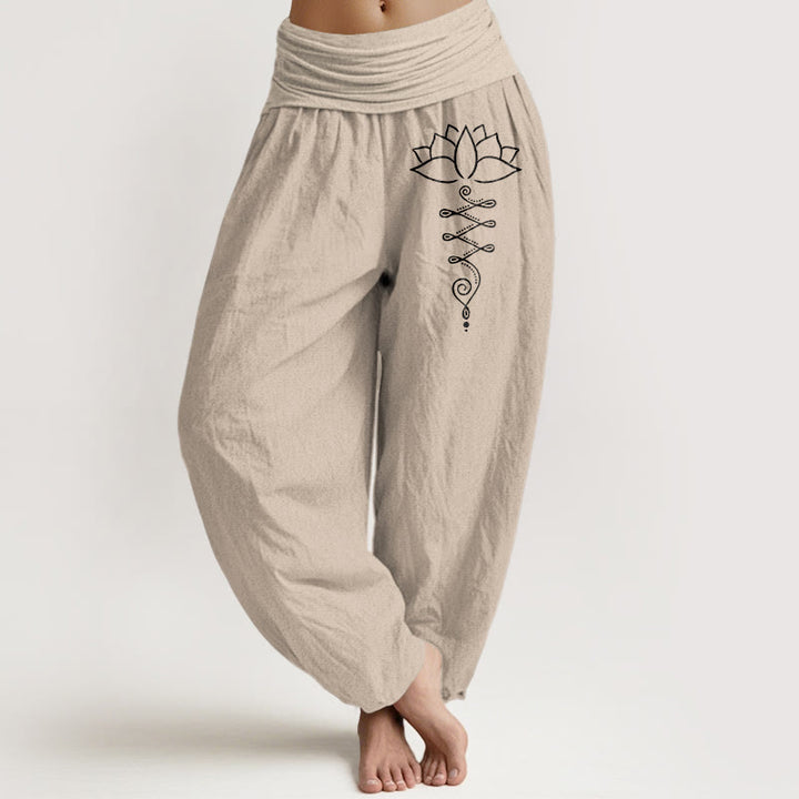 Pantaloni harem in cotone con elastico in vita e motivo a fiori di loto Buddha Stones e simbolo di Unalome - Tan - US16, UK/AU20, EU48 (3XL) - image 5