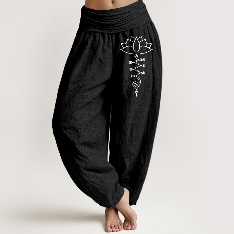 Pantaloni harem in cotone con elastico in vita e motivo a fiori di loto Buddha Stones e simbolo di Unalome - Nero - US16, UK/AU20, EU48 (3XL) - image 11