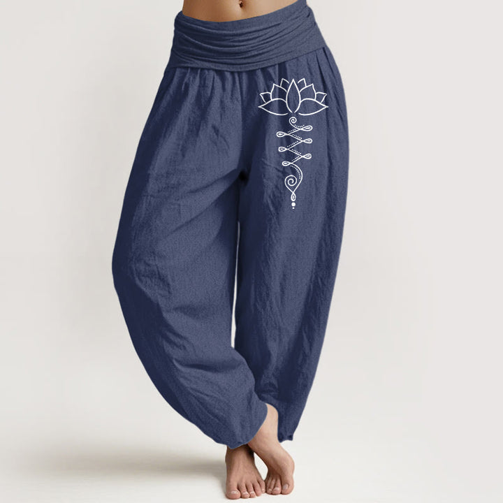 Pantaloni harem in cotone con elastico in vita e motivo a fiori di loto Buddha Stones e simbolo di Unalome - Blu ardesia scuro - US16, UK/AU20, EU48 (3XL) - image 14