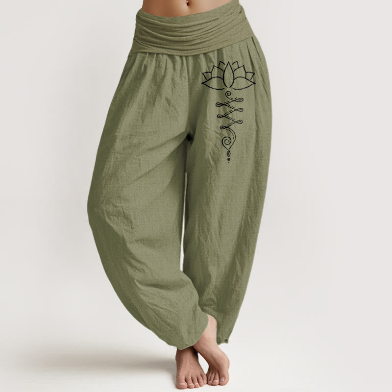 Pantaloni harem in cotone con elastico in vita e motivo a fiori di loto Buddha Stones e simbolo di Unalome - Verde oliva - US16, UK/AU20, EU48 (3XL) - image 8