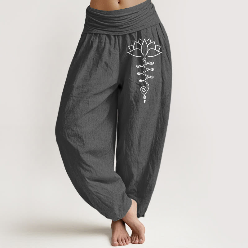Pantaloni harem in cotone con elastico in vita e motivo a fiori di loto Buddha Stones e simbolo di Unalome - Grigio tenue - US16, UK/AU20, EU48 (3XL) - image 0