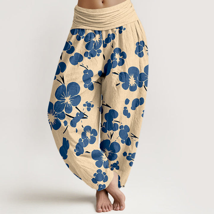 Pantaloni harem da donna con elastico in vita e fiori in puro cotone con Buddha Stones - SteelBlue - US16, UK/AU20, EU48 (3XL) - image 0