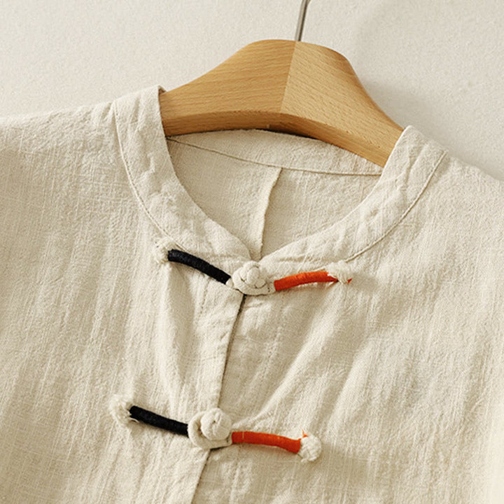 Camicia da donna in cotone e lino Zen con bottoni cinesi e maniche lunghe, motivo Buddha Stones - image 8