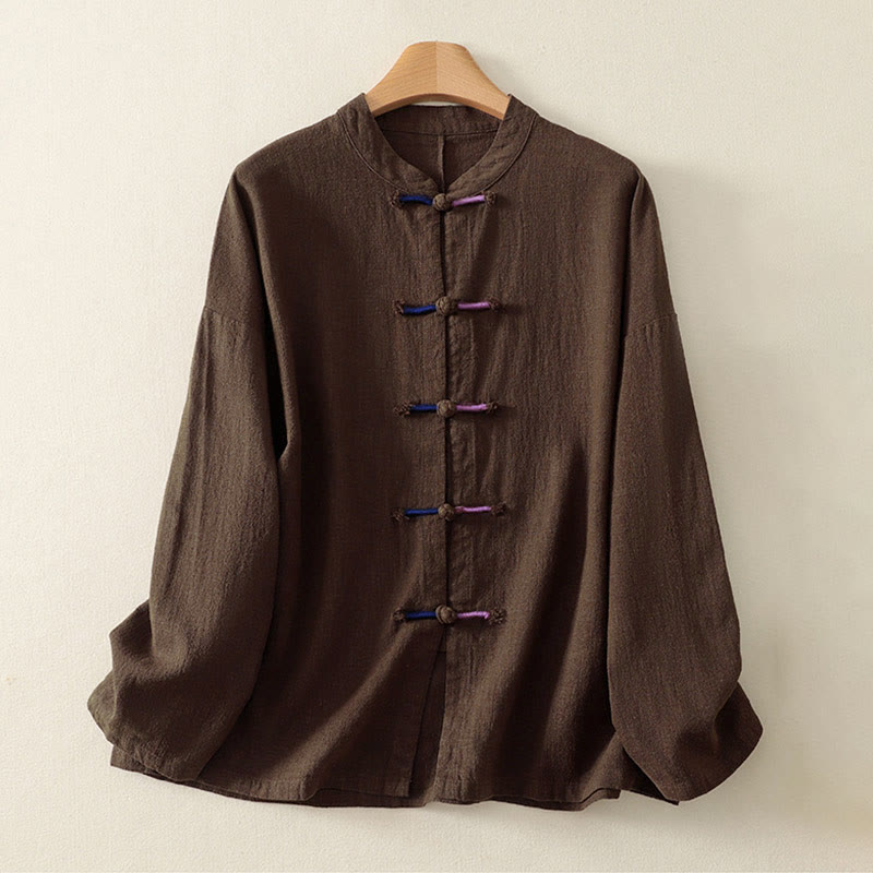 Camicia da donna in cotone e lino Zen con bottoni cinesi e maniche lunghe, motivo Buddha Stones - image 1