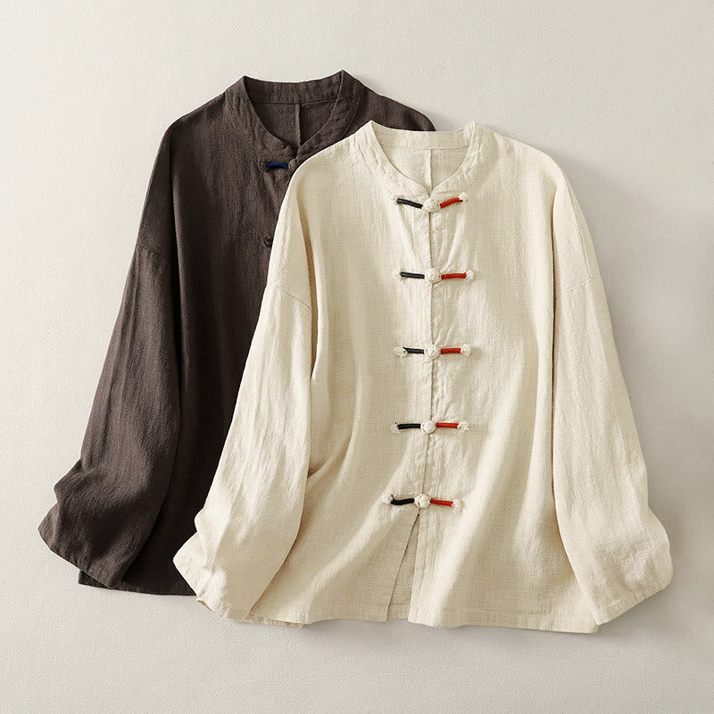 Camicia da donna in cotone e lino Zen con bottoni cinesi e maniche lunghe, motivo Buddha Stones - Marrone sella - US8-10, UK/AU12-14, EU40-42 (2XL) - image 0