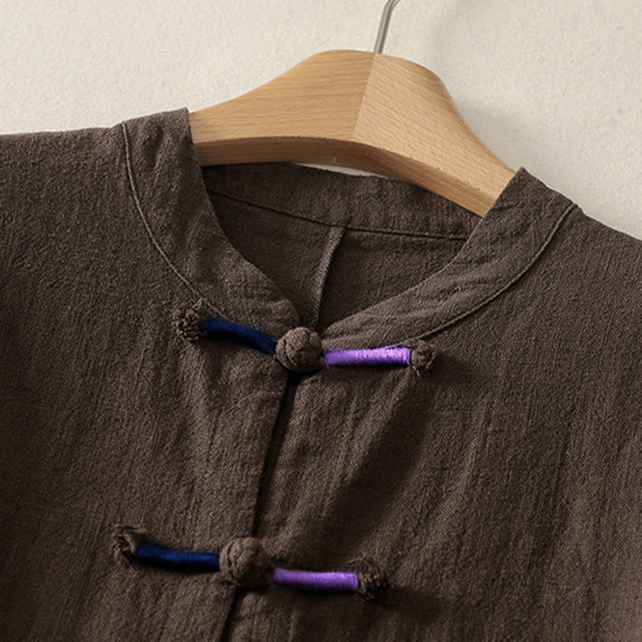 Camicia da donna in cotone e lino Zen con bottoni cinesi e maniche lunghe, motivo Buddha Stones - image 2