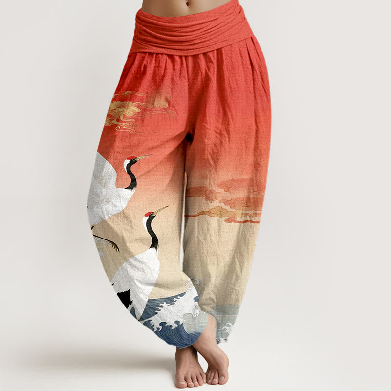 Pantaloni harem da donna con elastico in vita, in puro cotone, con Buddha Stones, gru, nuvole di buon auspicio e oceano - Pomodoro - US16, UK/AU20, EU48 (3XL) - image 0