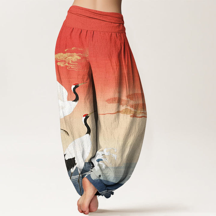 Pantaloni harem da donna con elastico in vita, in puro cotone, con Buddha Stones, gru, nuvole di buon auspicio e oceano - image 2
