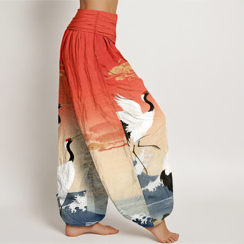 Pantaloni harem da donna con elastico in vita, in puro cotone, con Buddha Stones, gru, nuvole di buon auspicio e oceano - image 1