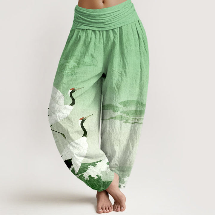 Pantaloni harem da donna con elastico in vita, in puro cotone, con Buddha Stones, gru, nuvole di buon auspicio e oceano - Verde chiaro - US16, UK/AU20, EU48 (3XL) - image 5