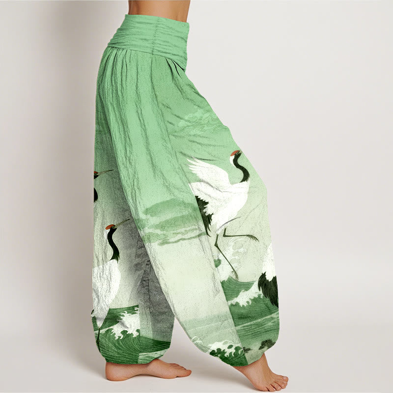 Pantaloni harem da donna con elastico in vita, in puro cotone, con Buddha Stones, gru, nuvole di buon auspicio e oceano - image 7