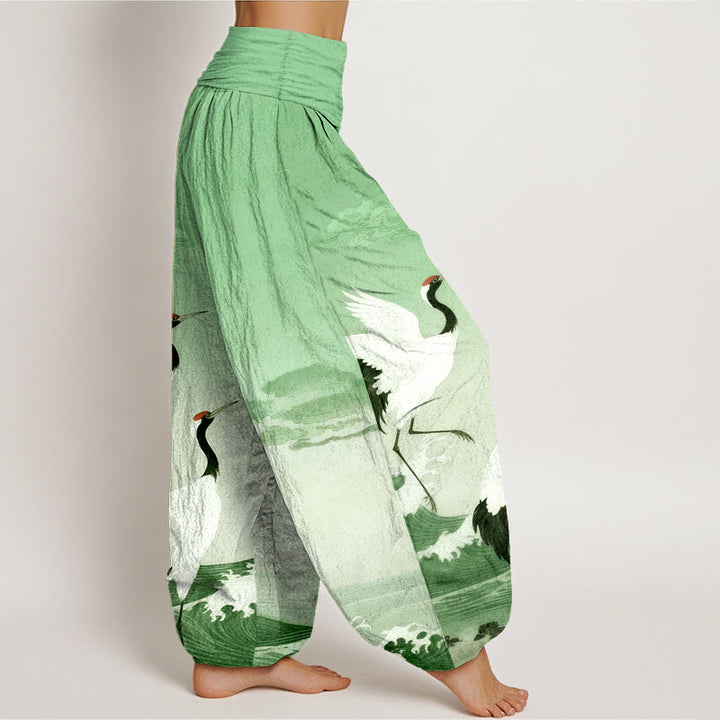 Pantaloni harem da donna con elastico in vita, in puro cotone, con Buddha Stones, gru, nuvole di buon auspicio e oceano - image 7