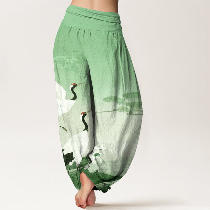 Pantaloni harem da donna con elastico in vita, in puro cotone, con Buddha Stones, gru, nuvole di buon auspicio e oceano - image 6