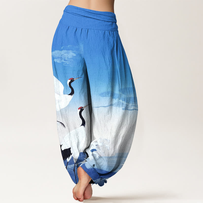 Pantaloni harem da donna con elastico in vita, in puro cotone, con Buddha Stones, gru, nuvole di buon auspicio e oceano - image 9