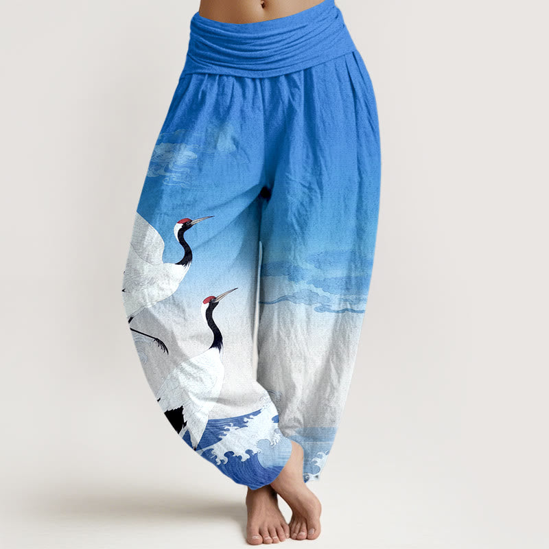 Pantaloni harem da donna con elastico in vita, in puro cotone, con Buddha Stones, gru, nuvole di buon auspicio e oceano - Azzurro cielo chiaro - US16, UK/AU20, EU48 (3XL) - image 8