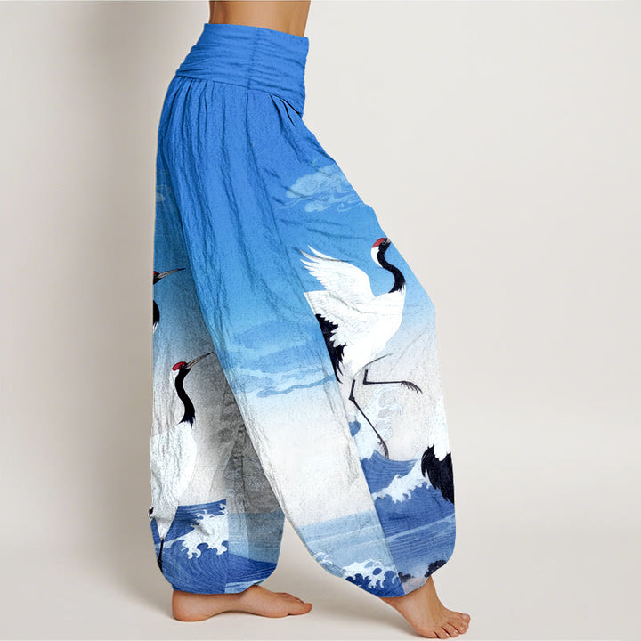 Pantaloni harem da donna con elastico in vita, in puro cotone, con Buddha Stones, gru, nuvole di buon auspicio e oceano - image 10