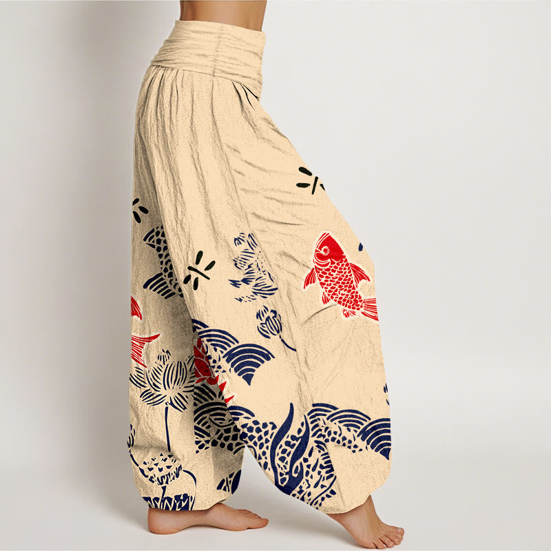 Pantaloni harem da donna con elastico in vita, in puro cotone, con pesci koi e fiori di loto , Buddha Stones - image 2