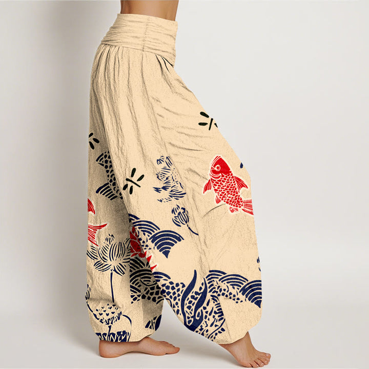 Pantaloni harem da donna con elastico in vita, in puro cotone, con pesci koi e fiori di loto , Buddha Stones - image 2