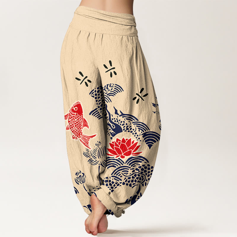 Pantaloni harem da donna con elastico in vita, in puro cotone, con pesci koi e fiori di loto , Buddha Stones - image 1