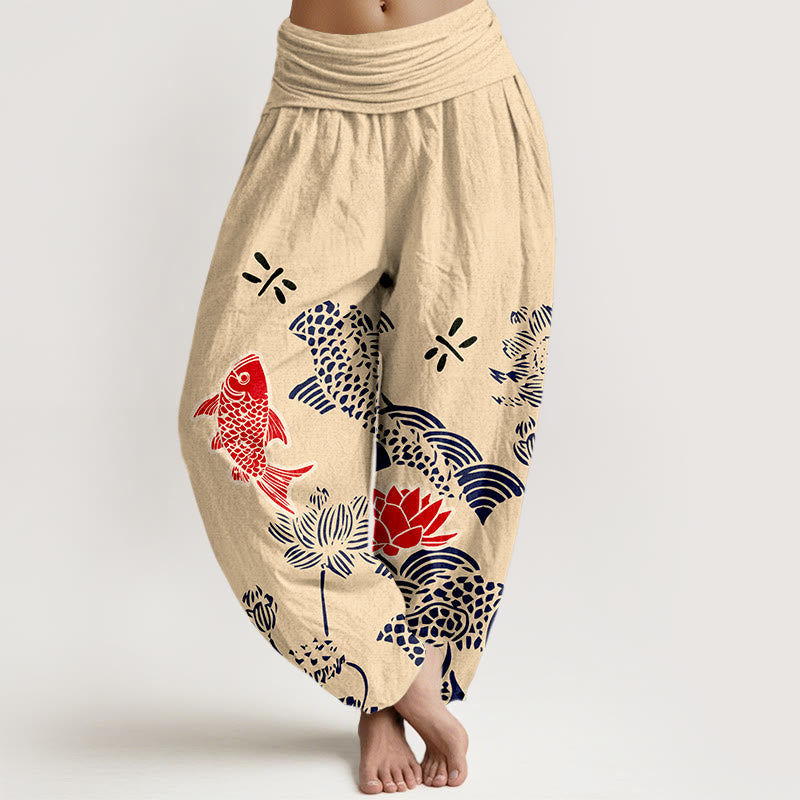 Pantaloni harem da donna con elastico in vita, in puro cotone, con pesci koi e fiori di loto , Buddha Stones - PapayaWhip - US16, UK/AU20, EU48 (3XL) - image 0