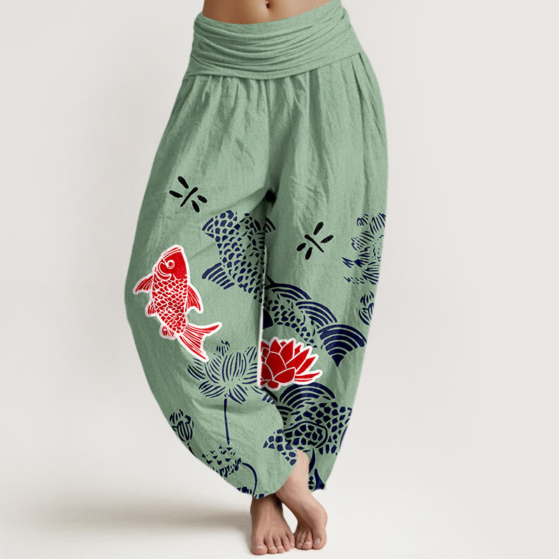 Pantaloni harem da donna con elastico in vita, in puro cotone, con pesci koi e fiori di loto , Buddha Stones - Acquamarina media - US16, UK/AU20, EU48 (3XL) - image 5