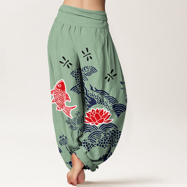 Pantaloni harem da donna con elastico in vita, in puro cotone, con pesci koi e fiori di loto , Buddha Stones - image 6