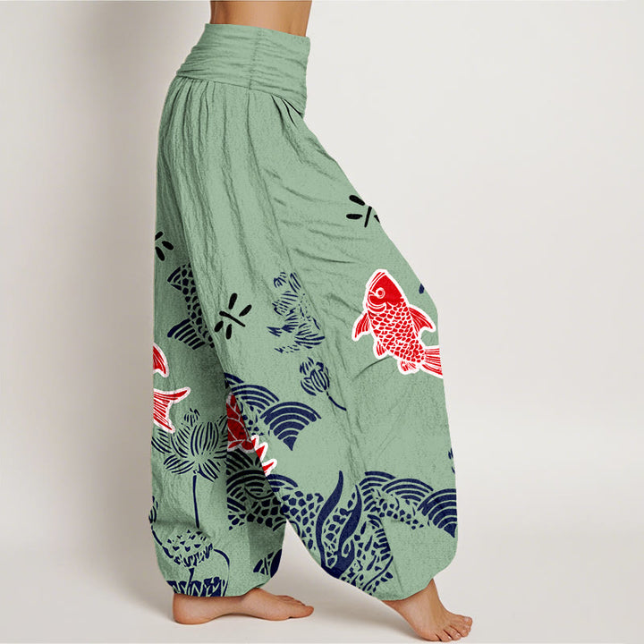 Pantaloni harem da donna con elastico in vita, in puro cotone, con pesci koi e fiori di loto , Buddha Stones - image 7