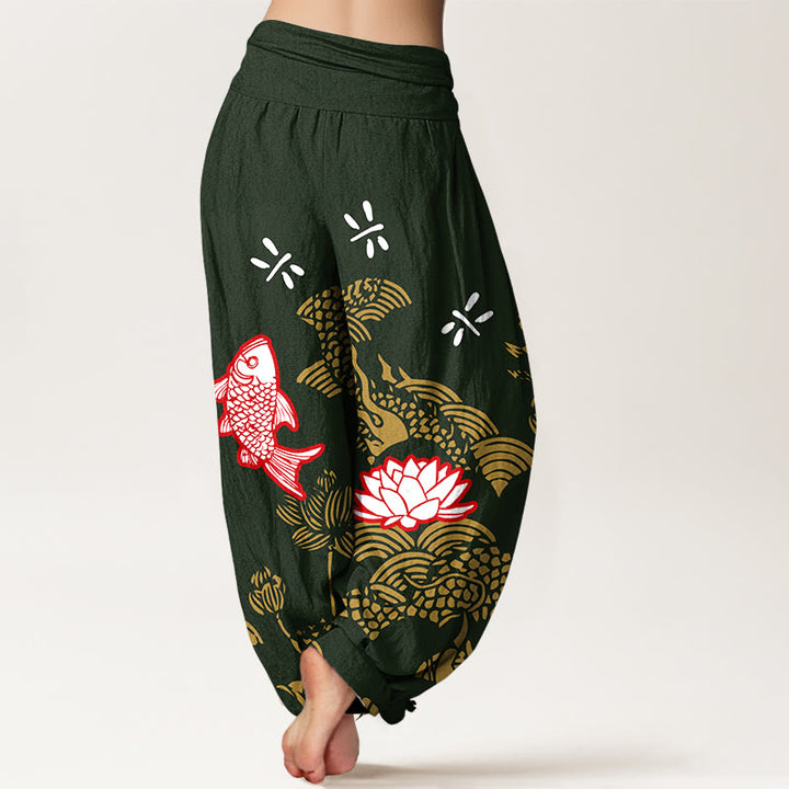 Pantaloni harem da donna con elastico in vita, in puro cotone, con pesci koi e fiori di loto , Buddha Stones - image 9