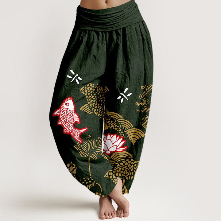 Pantaloni harem da donna con elastico in vita, in puro cotone, con pesci koi e fiori di loto , Buddha Stones - Verde scuro - US16, UK/AU20, EU48 (3XL) - image 8
