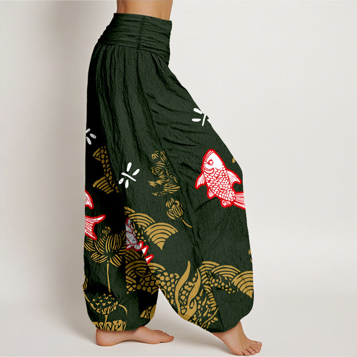 Pantaloni harem da donna con elastico in vita, in puro cotone, con pesci koi e fiori di loto , Buddha Stones - image 10