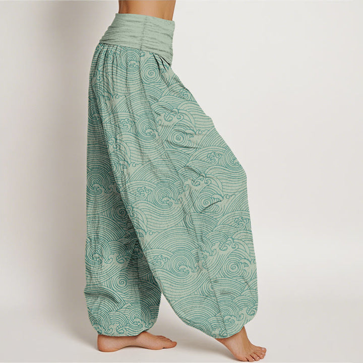 Pantaloni harem da donna con elastico in vita, in puro cotone, con motivo Fu e onde dell'oceano, motivo Buddha Stones - image 2