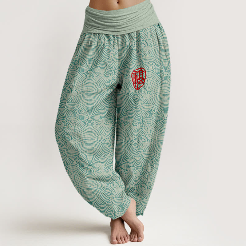 Pantaloni harem da donna con elastico in vita, in puro cotone, con motivo Fu e onde dell'oceano, motivo Buddha Stones - Acquamarina - US16, UK/AU20, EU48 (3XL) - image 0