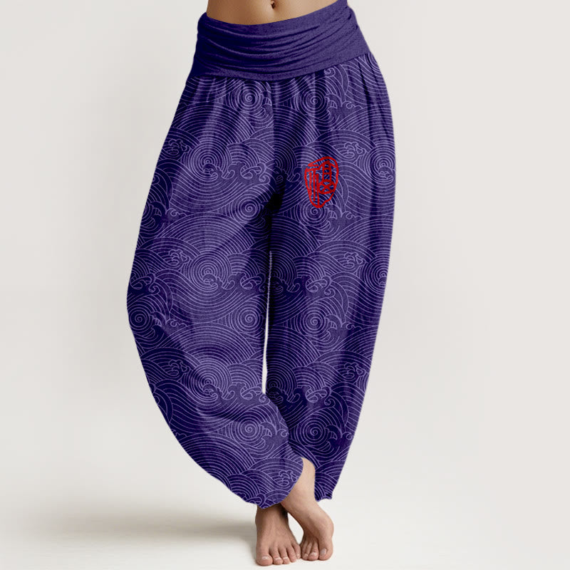 Pantaloni harem da donna con elastico in vita, in puro cotone, con motivo Fu e onde dell'oceano, motivo Buddha Stones - Viola scuro - US16, UK/AU20, EU48 (3XL) - image 5
