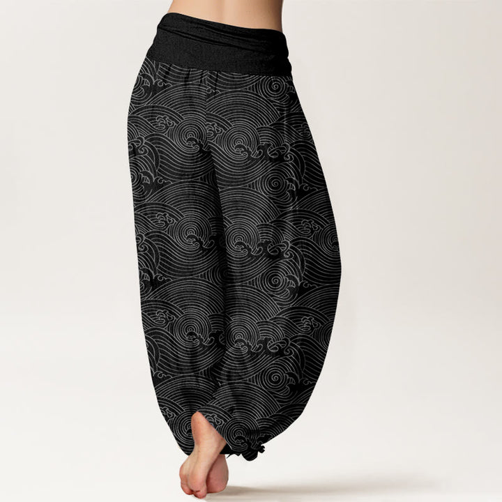 Pantaloni harem da donna con elastico in vita, in puro cotone, con motivo Fu e onde dell'oceano, motivo Buddha Stones - image 9