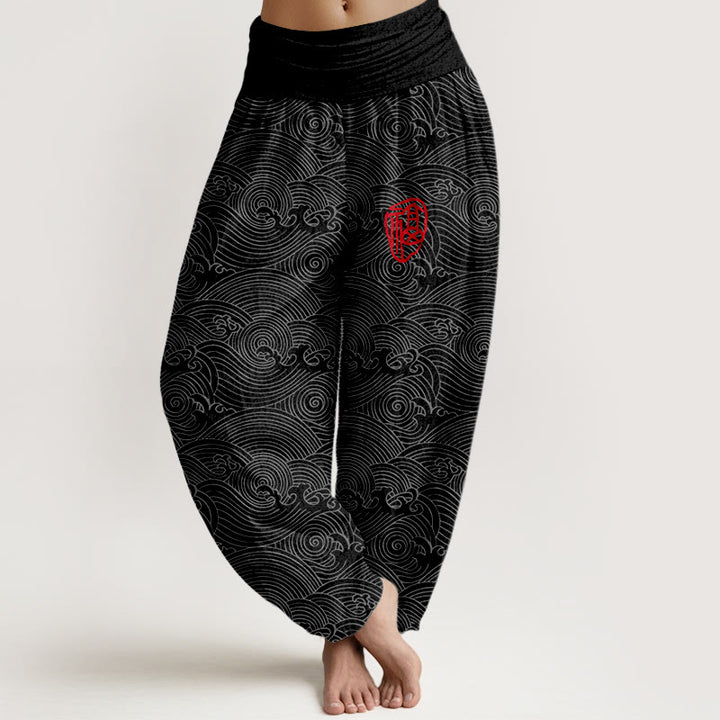Pantaloni harem da donna con elastico in vita, in puro cotone, con motivo Fu e onde dell'oceano, motivo Buddha Stones - Nero - US16, UK/AU20, EU48 (3XL) - image 8