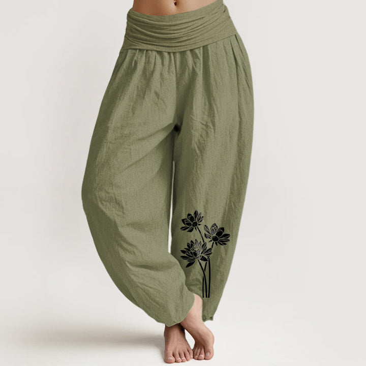Pantaloni harem in cotone con elastico in vita e motivo a tre fiori di loto, casual, da donna, motivo Buddha Stones - Verde oliva - US16, UK/AU20, EU48 (3XL) - image 8