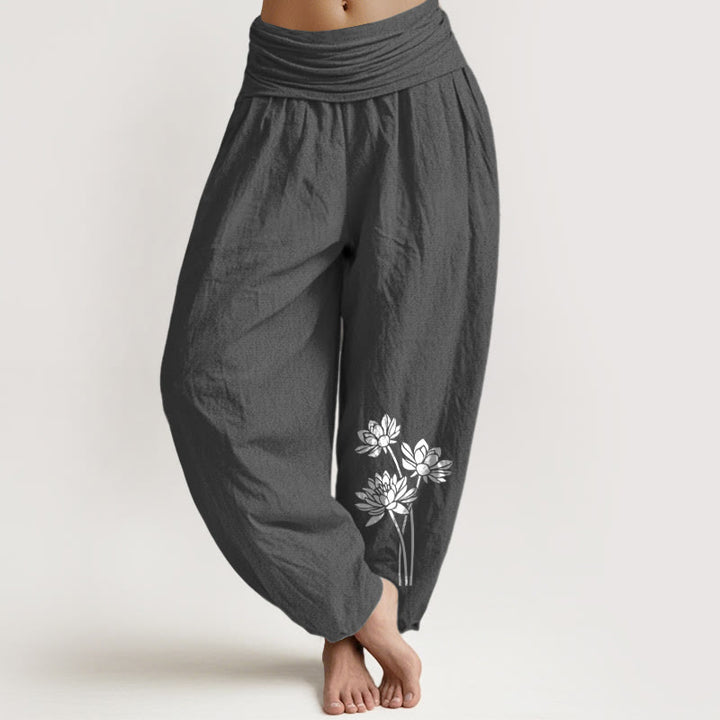 Pantaloni harem in cotone con elastico in vita e motivo a tre fiori di loto, casual, da donna, motivo Buddha Stones - Grigio scuro - US16, UK/AU20, EU48 (3XL) - image 0