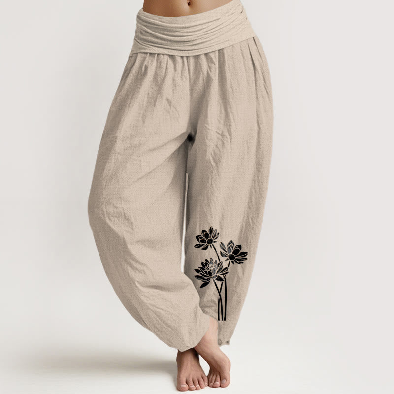 Pantaloni harem in cotone con elastico in vita e motivo a tre fiori di loto, casual, da donna, motivo Buddha Stones - Tan - US16, UK/AU20, EU48 (3XL) - image 5