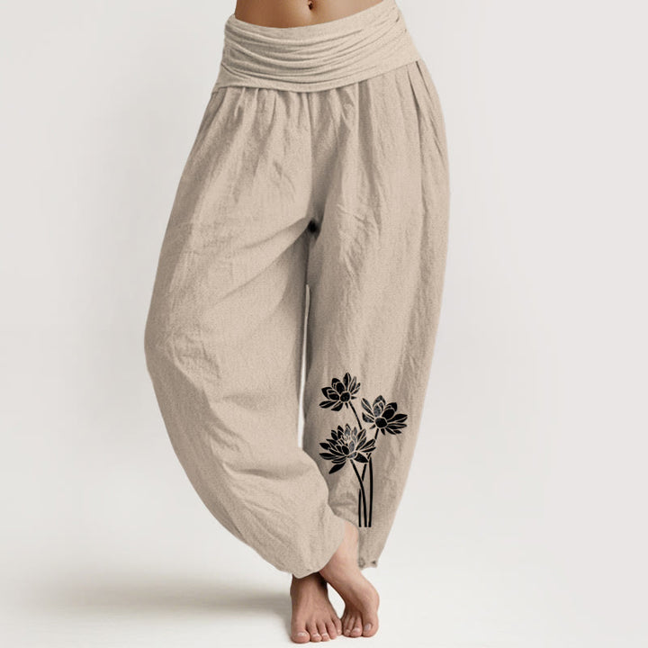 Pantaloni harem in cotone con elastico in vita e motivo a tre fiori di loto, casual, da donna, motivo Buddha Stones - Tan - US16, UK/AU20, EU48 (3XL) - image 5