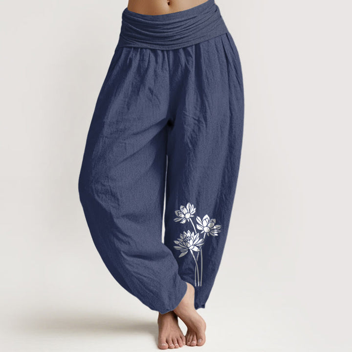 Pantaloni harem in cotone con elastico in vita e motivo a tre fiori di loto, casual, da donna, motivo Buddha Stones - DarkSlateBlue - US16, UK/AU20, EU48 (3XL) - image 14