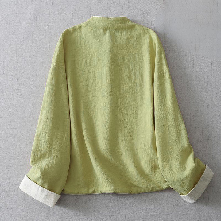 Giacca da donna in cotone e lino con maniche lunghe, in jacquard semplice, con collo alto e tasche , Buddha Stones - image 1