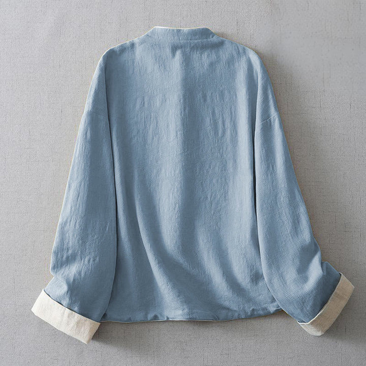 Giacca da donna in cotone e lino con maniche lunghe, in jacquard semplice, con collo alto e tasche , Buddha Stones - image 8