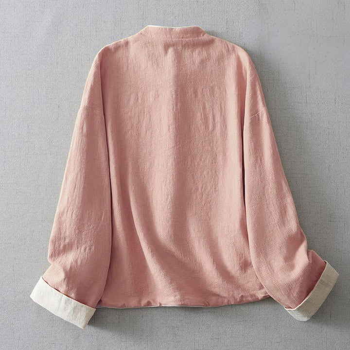 Giacca da donna in cotone e lino con maniche lunghe, in jacquard semplice, con collo alto e tasche , Buddha Stones - image 6