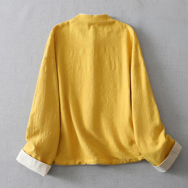 Giacca da donna in cotone e lino con maniche lunghe, in jacquard semplice, con collo alto e tasche , Buddha Stones - image 3