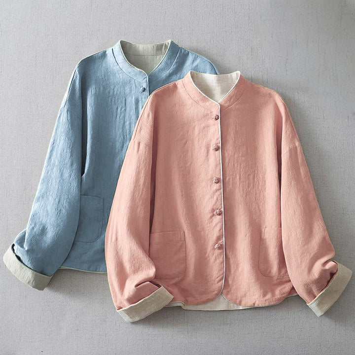 Giacca da donna in cotone e lino con maniche lunghe, in jacquard semplice, con collo alto e tasche , Buddha Stones - image 9