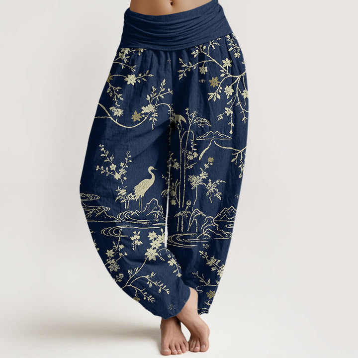 Pantaloni harem da donna in puro cotone con elastico in vita, motivo floreale, gru, Buddha Stones rami di albero - Blu notte - US16, UK/AU20, EU48 (3XL) - image 0